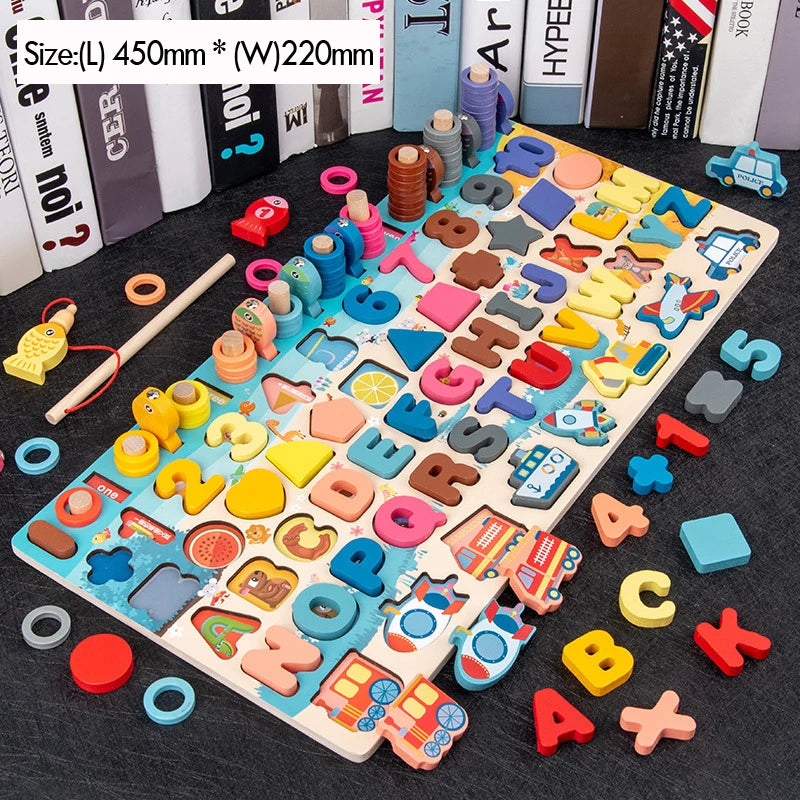 Kids Montessori Math Toys - Wooden Puzzle & Fishing Set
