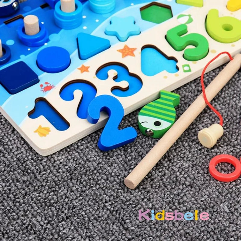 Kids Montessori Math Toys - Wooden Puzzle & Fishing Set