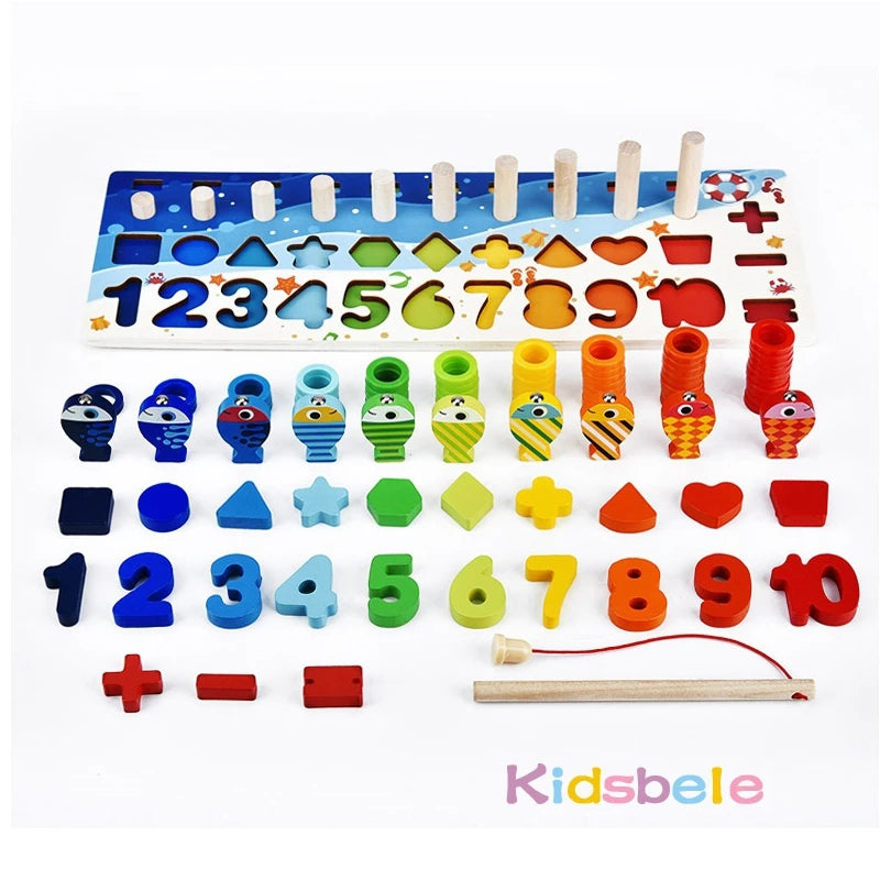 Kids Montessori Math Toys - Wooden Puzzle & Fishing Set