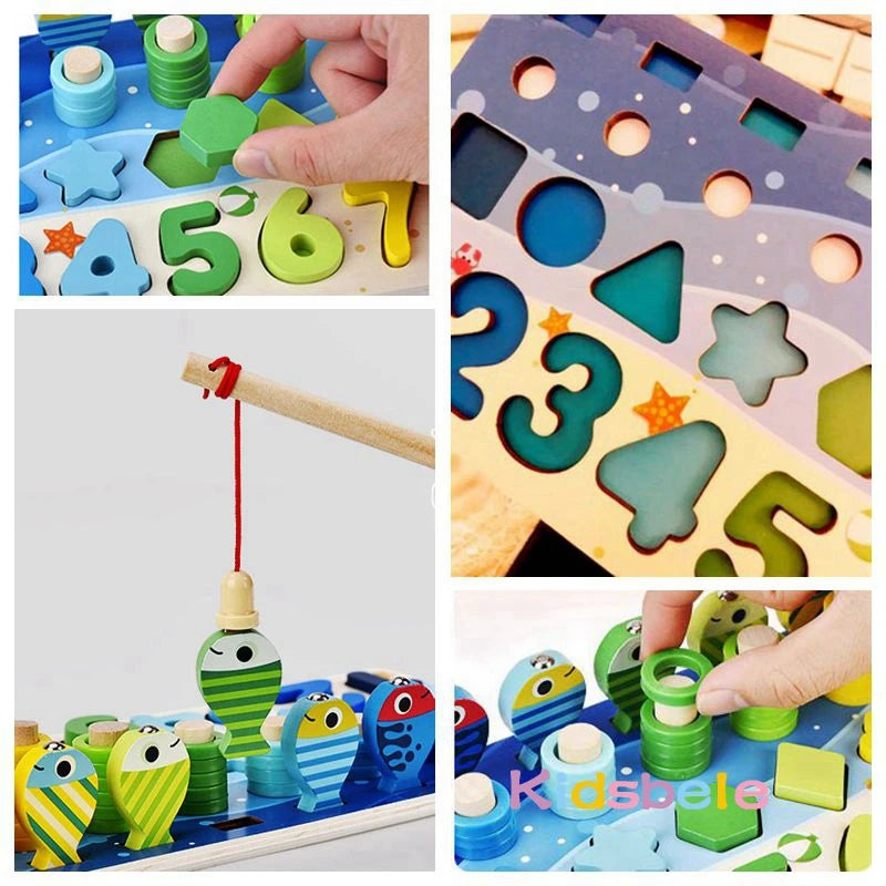 Kids Montessori Math Toys - Wooden Puzzle & Fishing Set