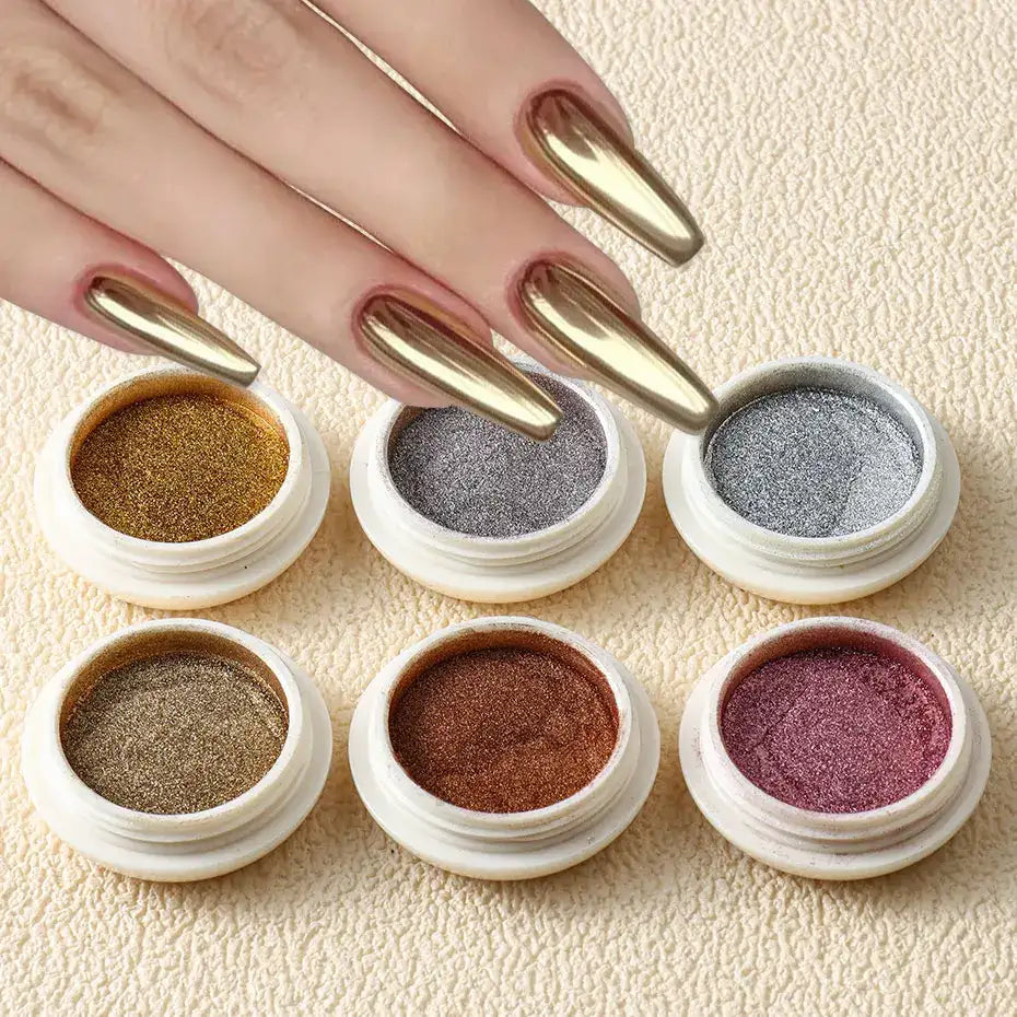 Gold Metallic Mirror Nail Powder – 6pc Chrome Set
