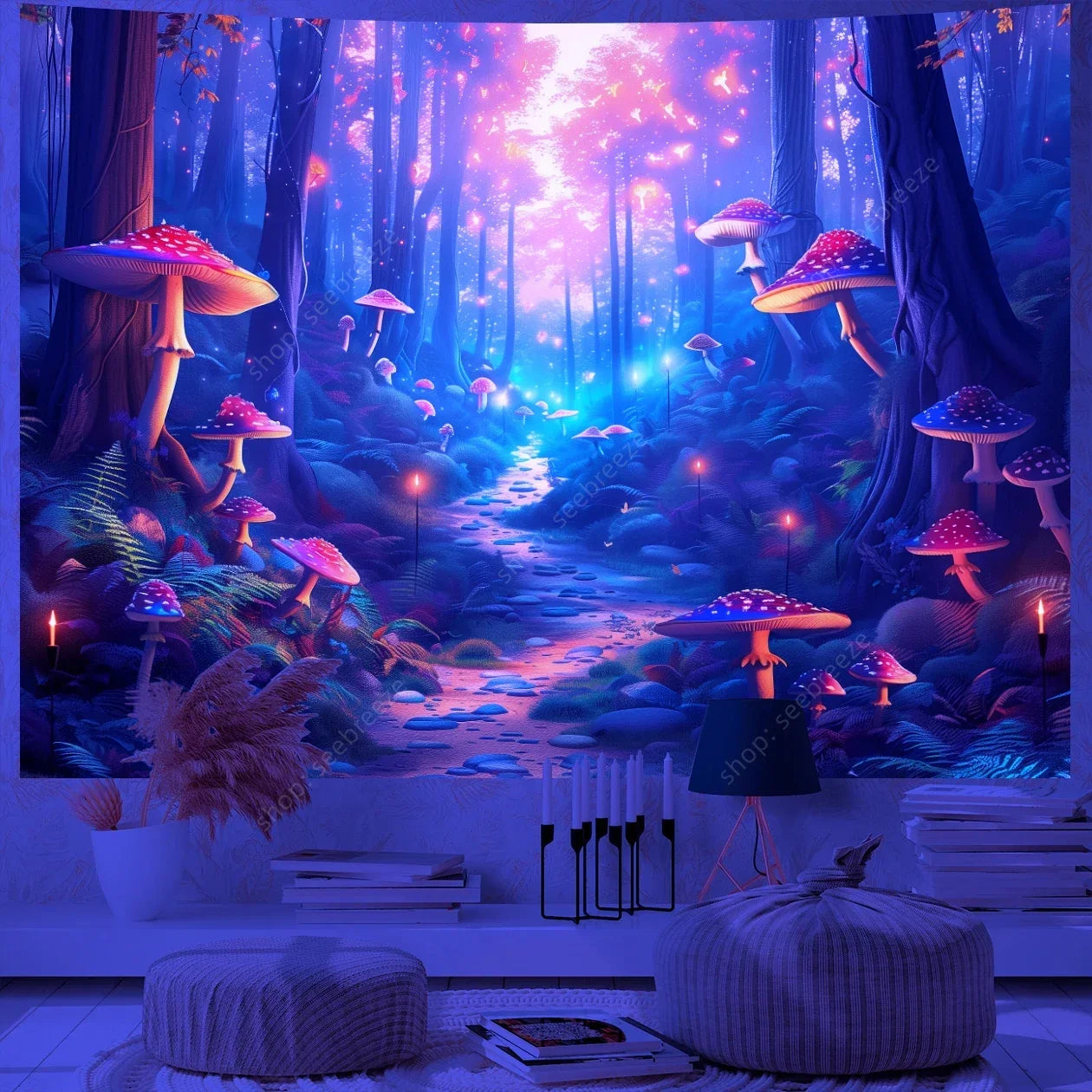 Fantasy Mushroom UV Reactive Tapestry