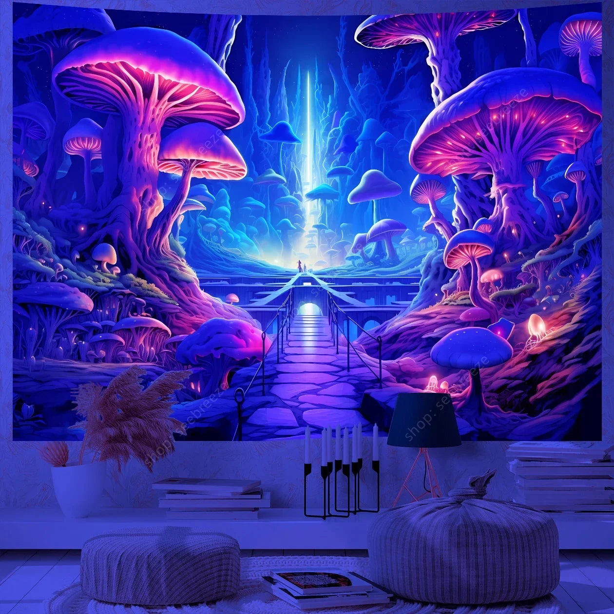 Fantasy Mushroom UV Reactive Tapestry