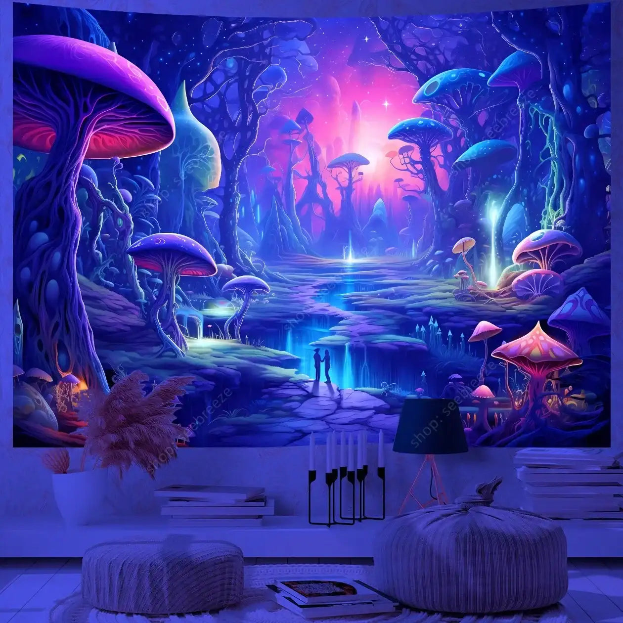 Fantasy Mushroom UV Reactive Tapestry