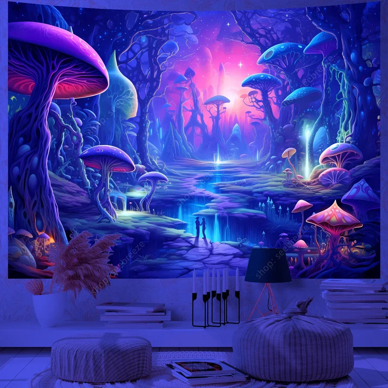 Fantasy Mushroom UV Reactive Tapestry