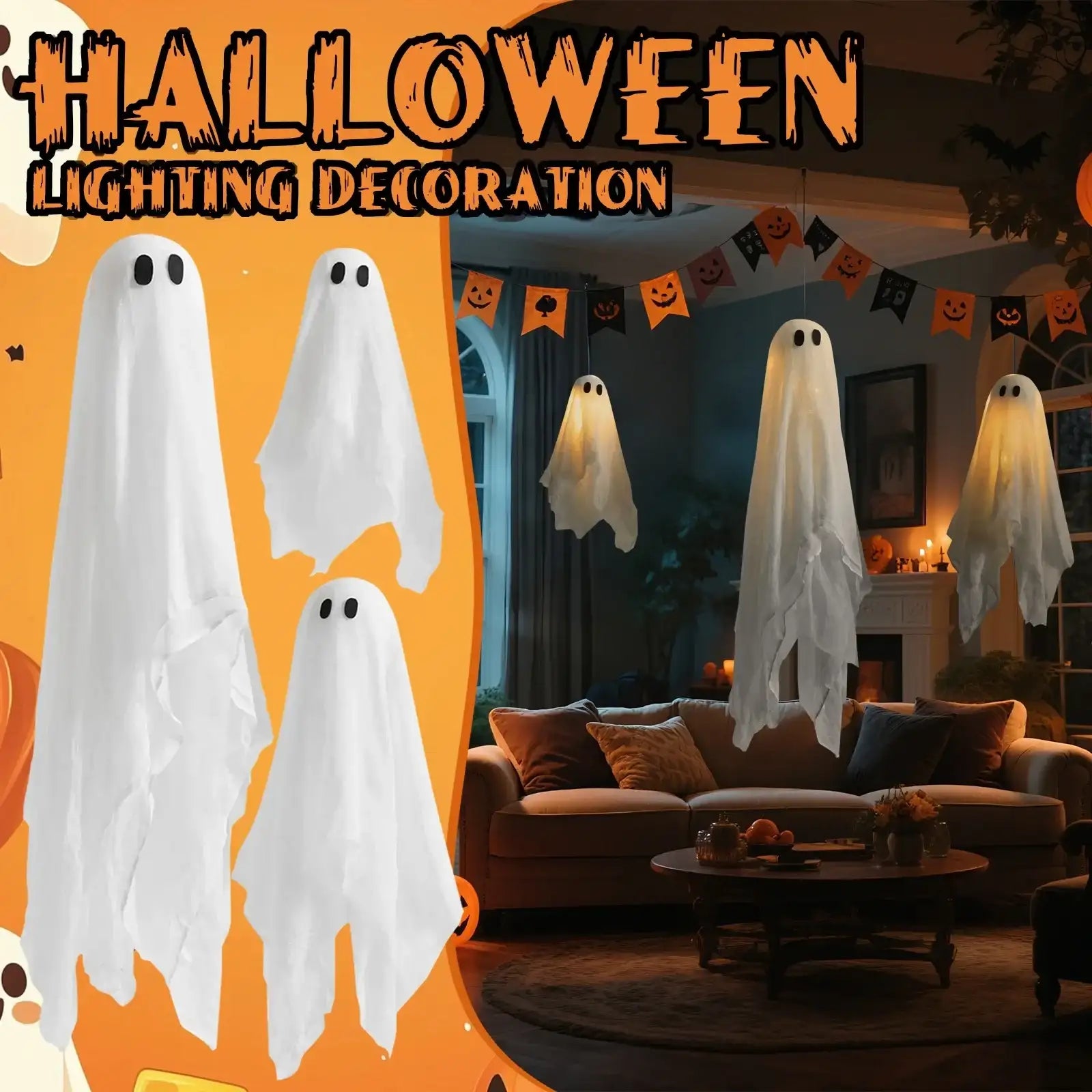 Halloween Glowing Hanging Ghost Ornaments 3pcs Pack