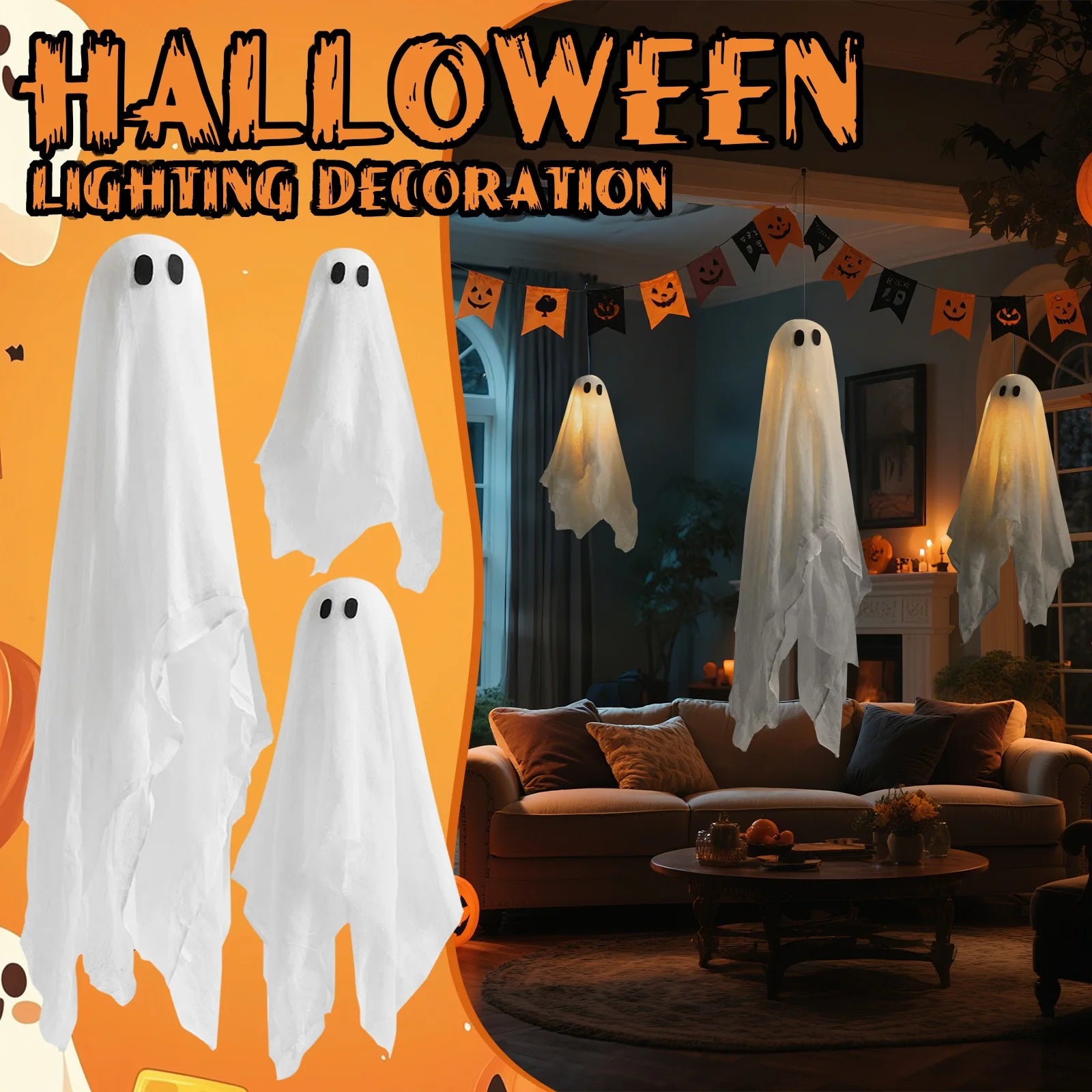 Halloween Glowing Hanging Ghost Ornaments 3pcs Pack