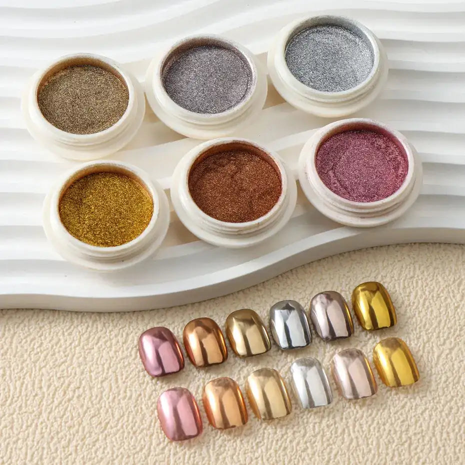 Gold Metallic Mirror Nail Powder – 6pc Chrome Set