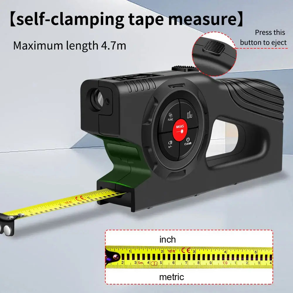 Self-clamping tape measure with maximum length of 4.7m and inch/metric markings for precise measurements.