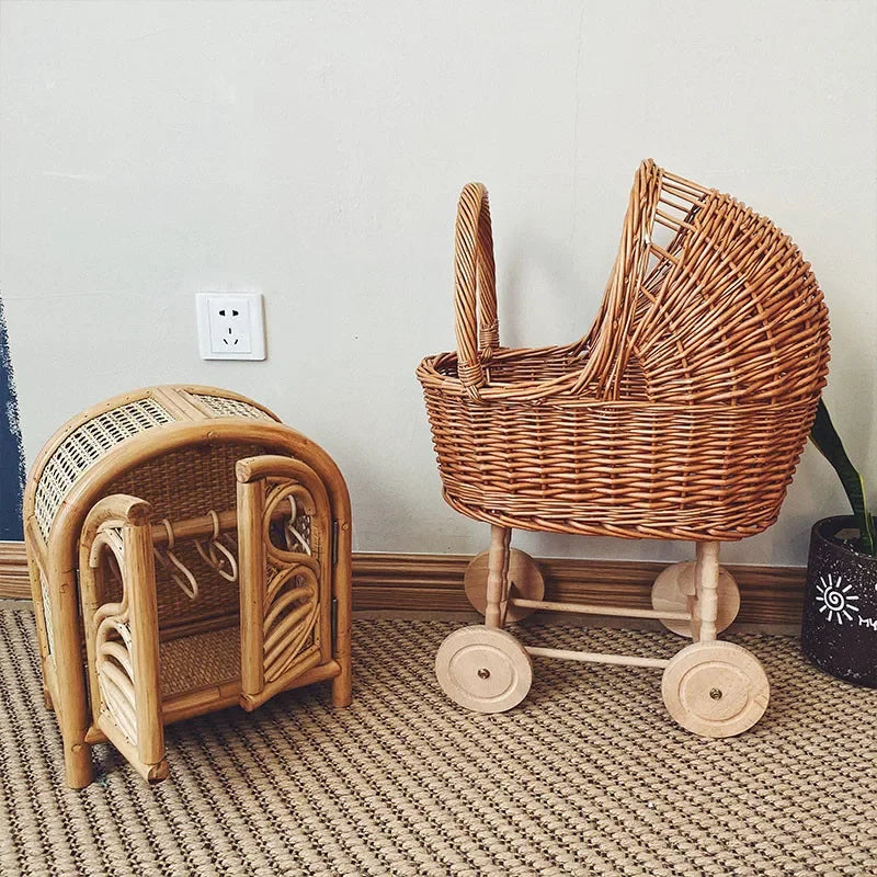 Retro Rattan Doll Stroller