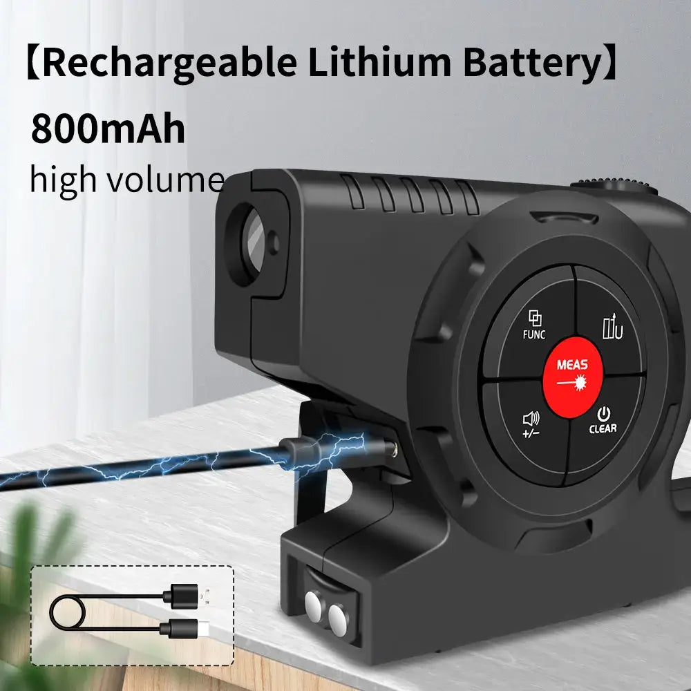 Rechargeable 800mAh lithium battery for Snakol laser tape measure, featuring charging cable and control panel.