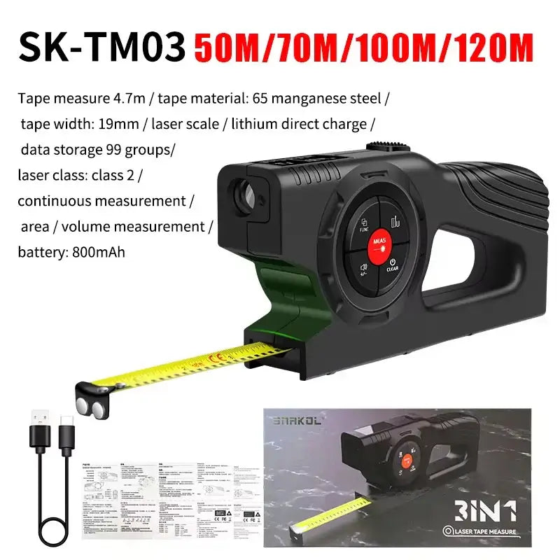 Snakol 3in1 Laser Tape Measure features high accuracy rangefinder with laser distance meter, 800mAh battery included.