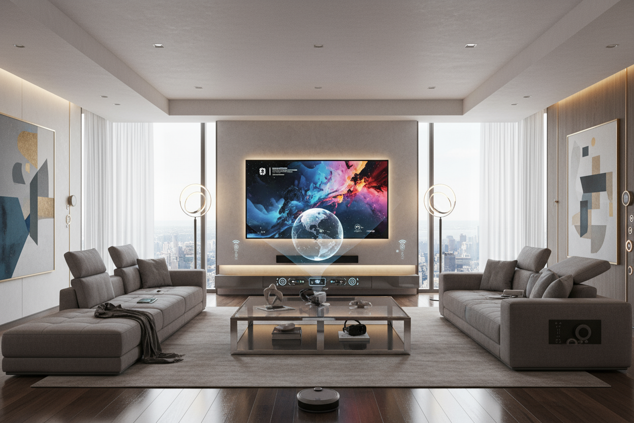 a living room with the latest everything and verticle image