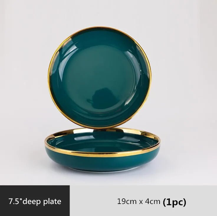 Gilt Rim Green Ceramic Plate Plates Bowls Ins Dinner Dish Luxurious Dinnerware - AURA