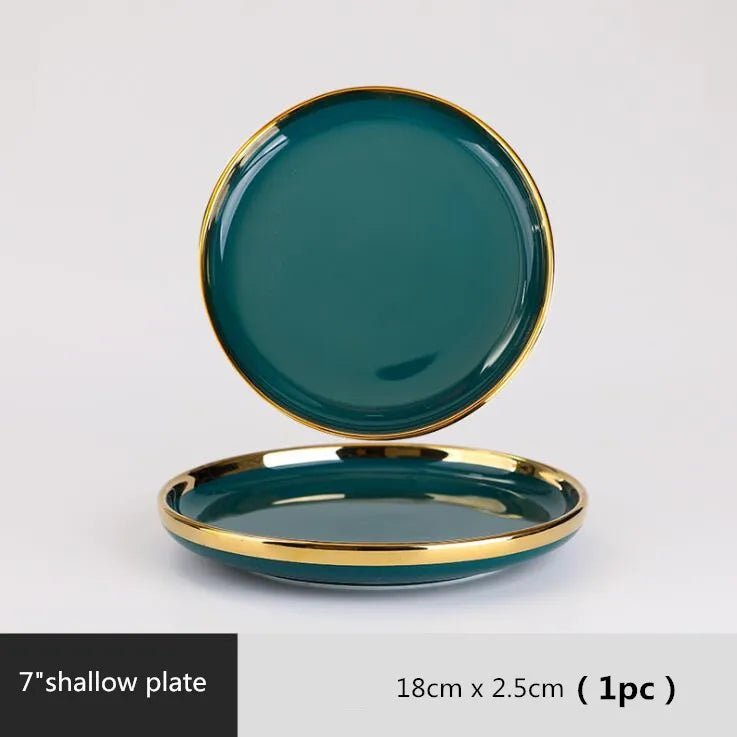 Gilt Rim Green Ceramic Plate Plates Bowls Ins Dinner Dish Luxurious Dinnerware - AURA