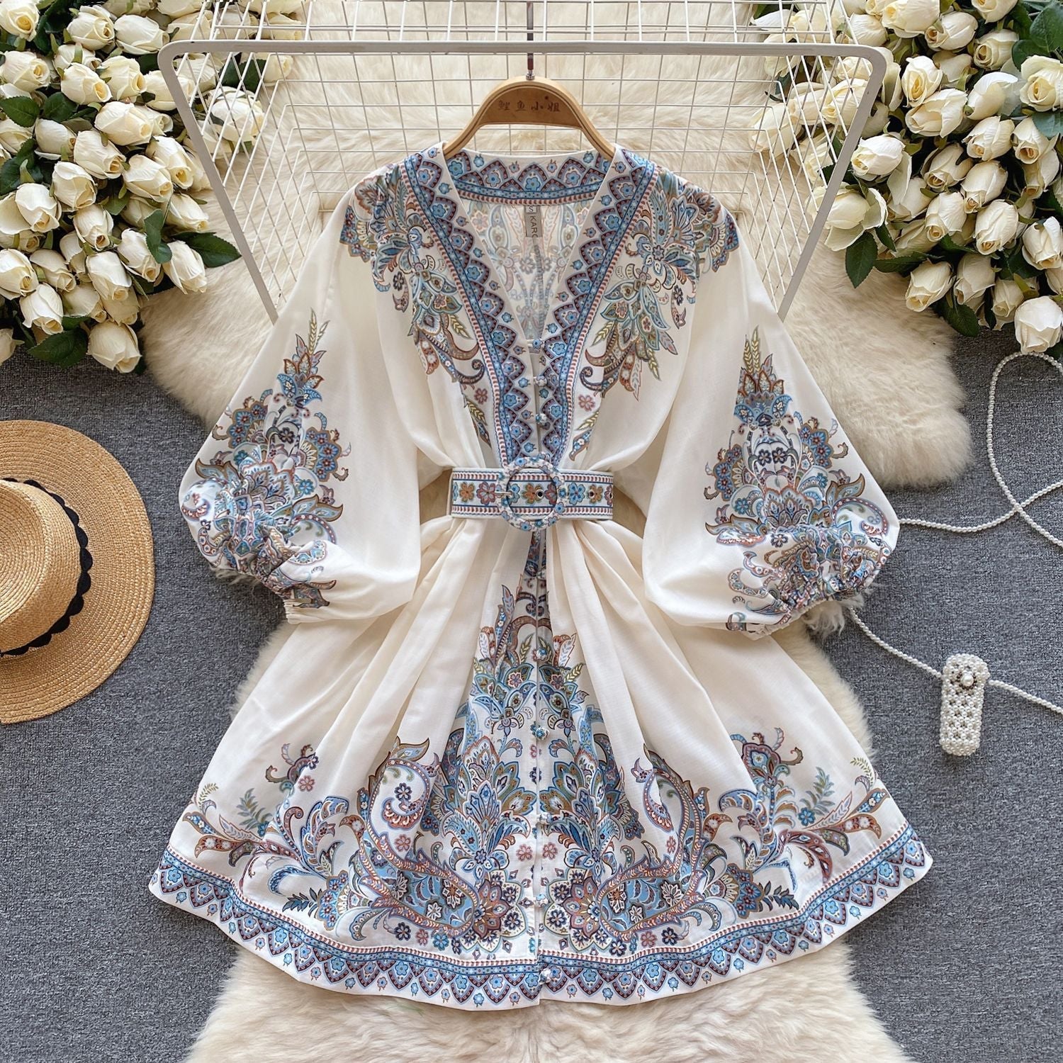 Light Luxury French Royal Style Printing Dress - AURA