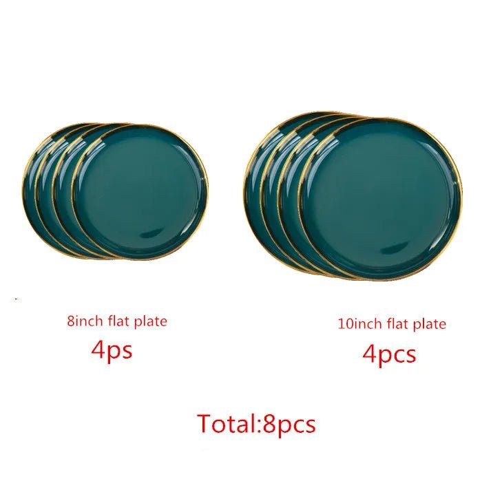 Gilt Rim Green Ceramic Plate Plates Bowls Ins Dinner Dish Luxurious Dinnerware - AURA