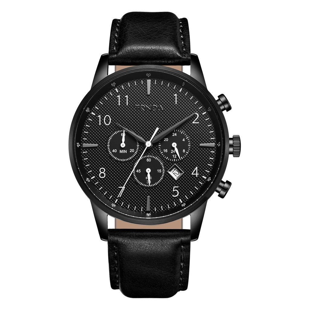 TRNDA Men's Stainless Steel Watch, Black Leather Band | TRN - 43BLK - AURA