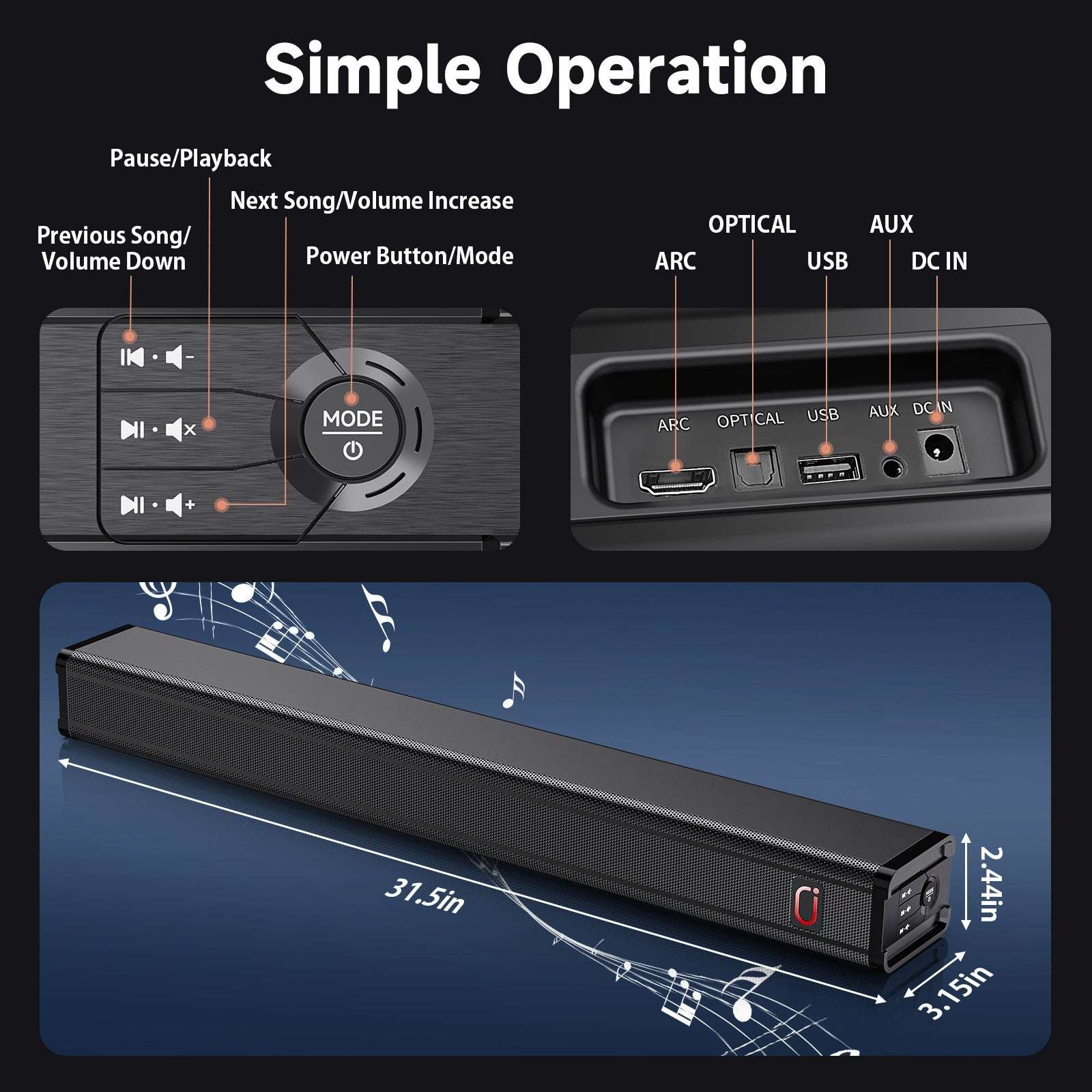 JYX H7 31.5in Soundbar For TV & 3D Surround Sound Bar For TV With Subwoofer - AURA