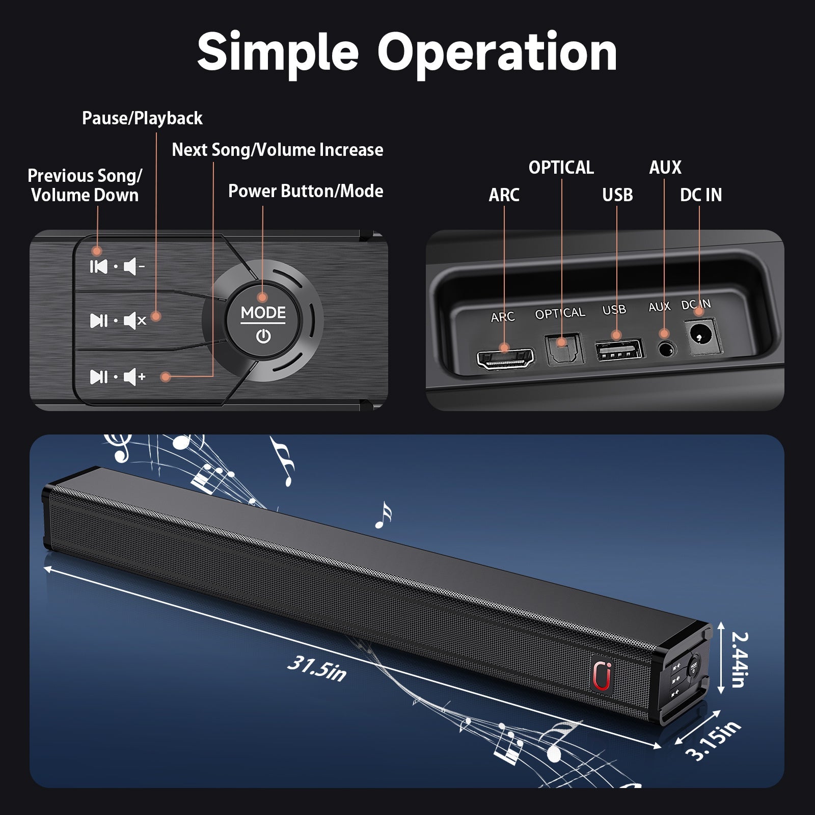 JYX H7 31.5in Soundbar For TV & 3D Surround Sound Bar For TV With Subwoofer - AURA