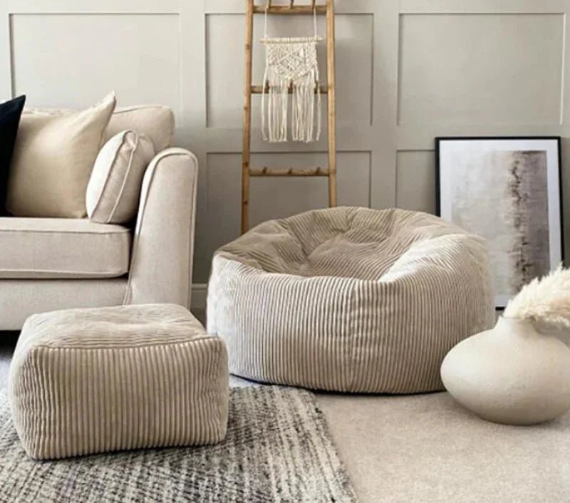 2 - in - 1 Bean Bag Chair & Footstool Cover Set Flannel Corduroy No Filler Beige - AURA