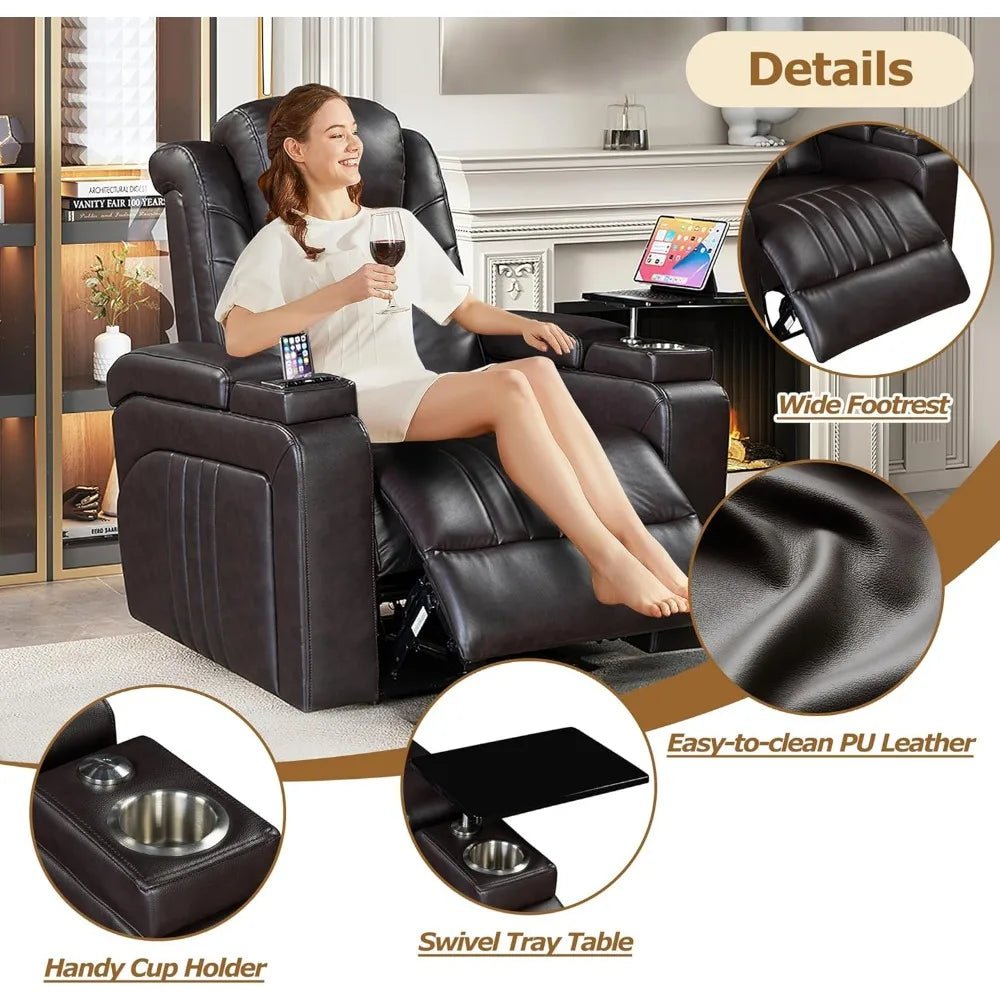 PU Leather Power Recliner Home Theater Recliner with Power Adjustable Headrest, Wireless Charging Device, USB Port, Storage Arms - AURA