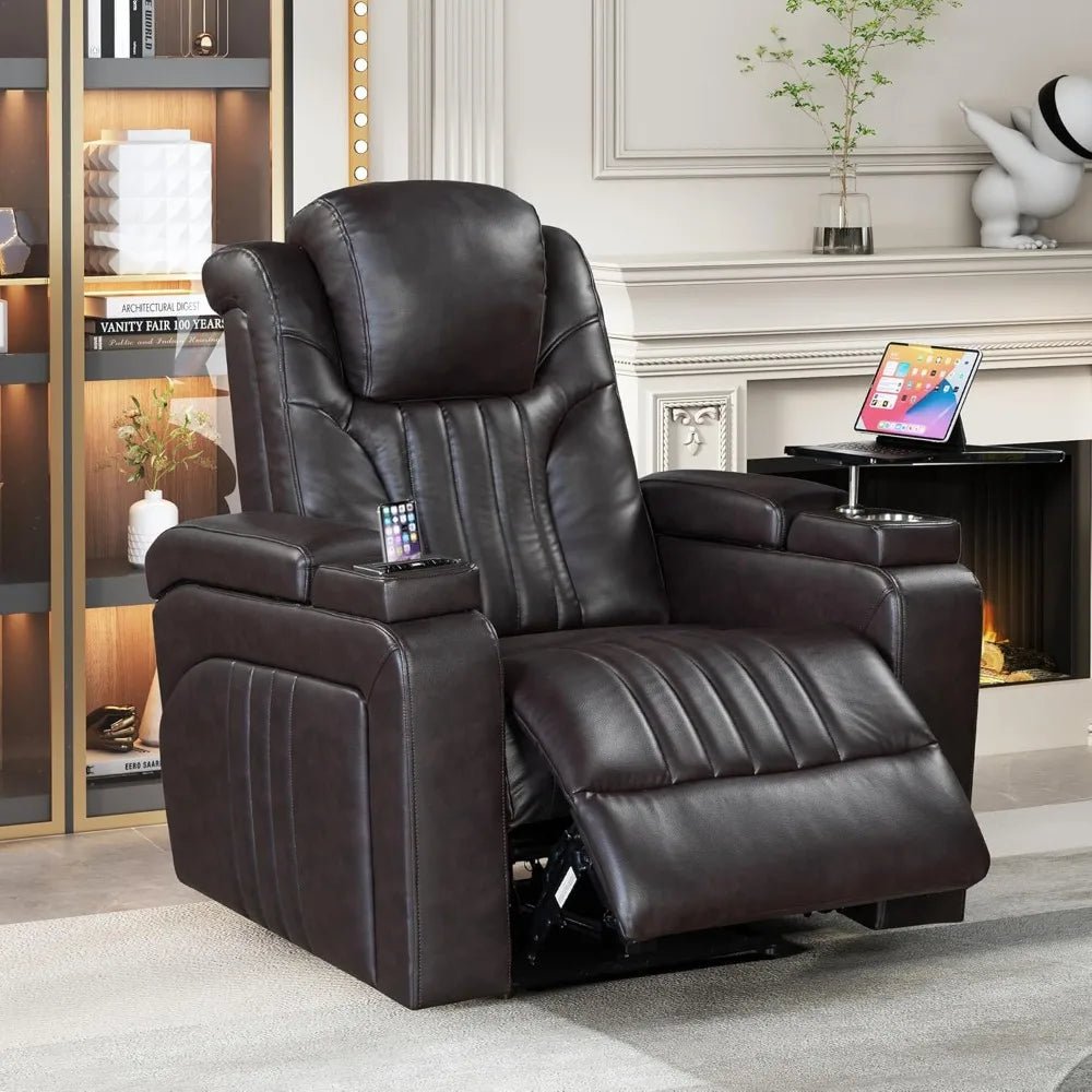 PU Leather Power Recliner Home Theater Recliner with Power Adjustable Headrest, Wireless Charging Device, USB Port, Storage Arms - AURA