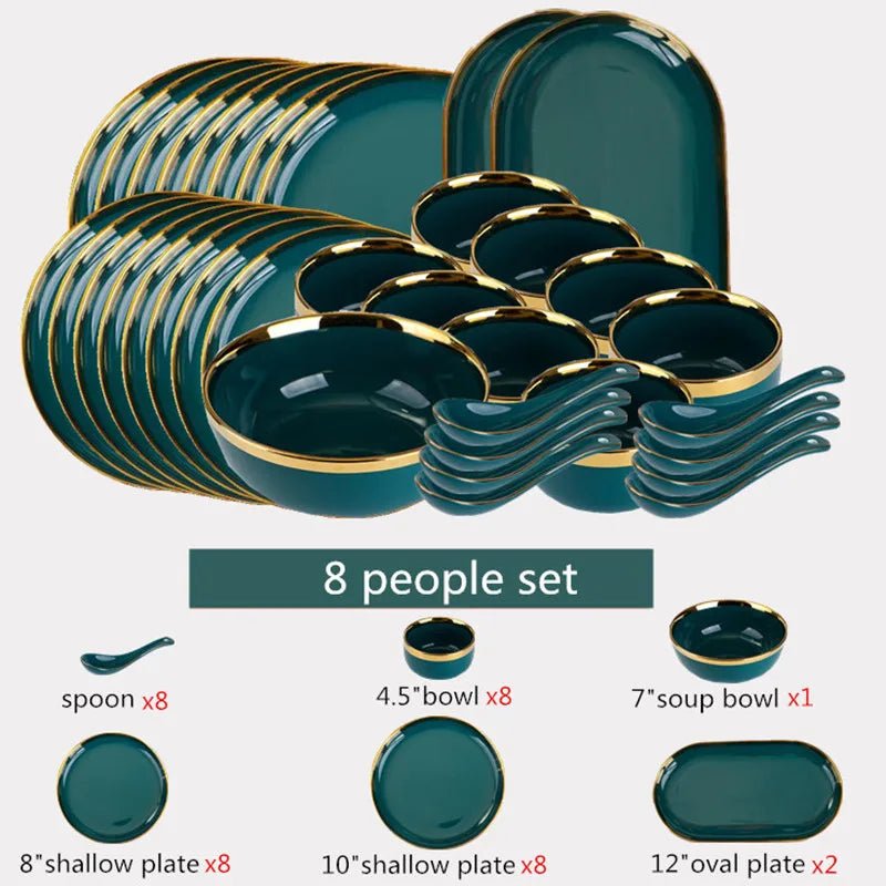 Gilt Rim Green Ceramic Plate Plates Bowls Ins Dinner Dish Luxurious Dinnerware - AURA