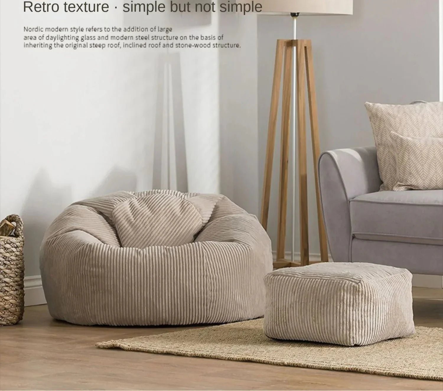2 - in - 1 Bean Bag Chair & Footstool Cover Set Flannel Corduroy No Filler Beige - AURA