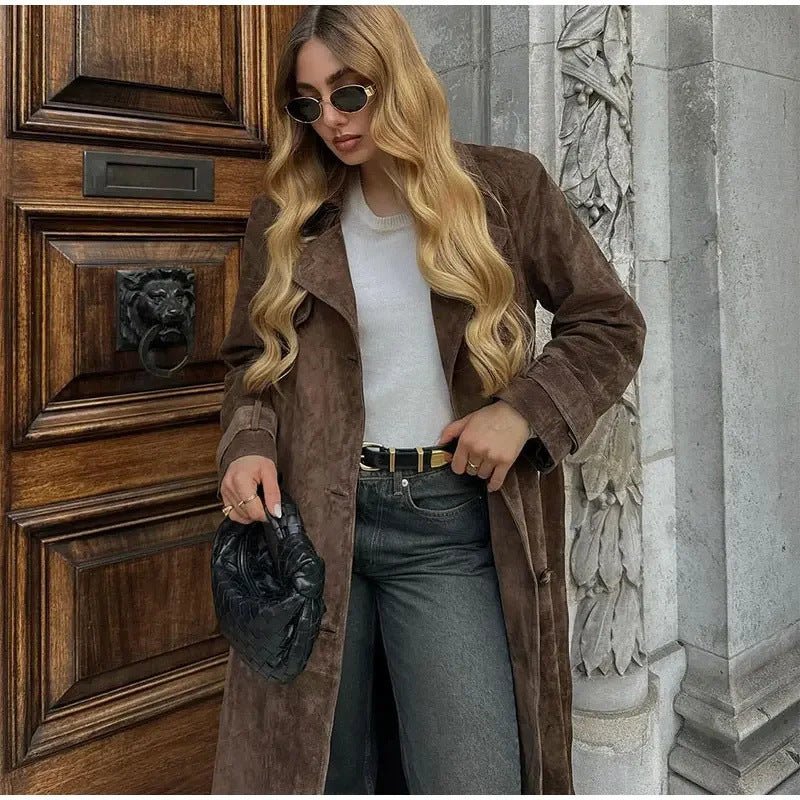 Double Breasted Lapel Shift Coat With Belt Fashion Vintage Suede Long Coat Winter - AURA