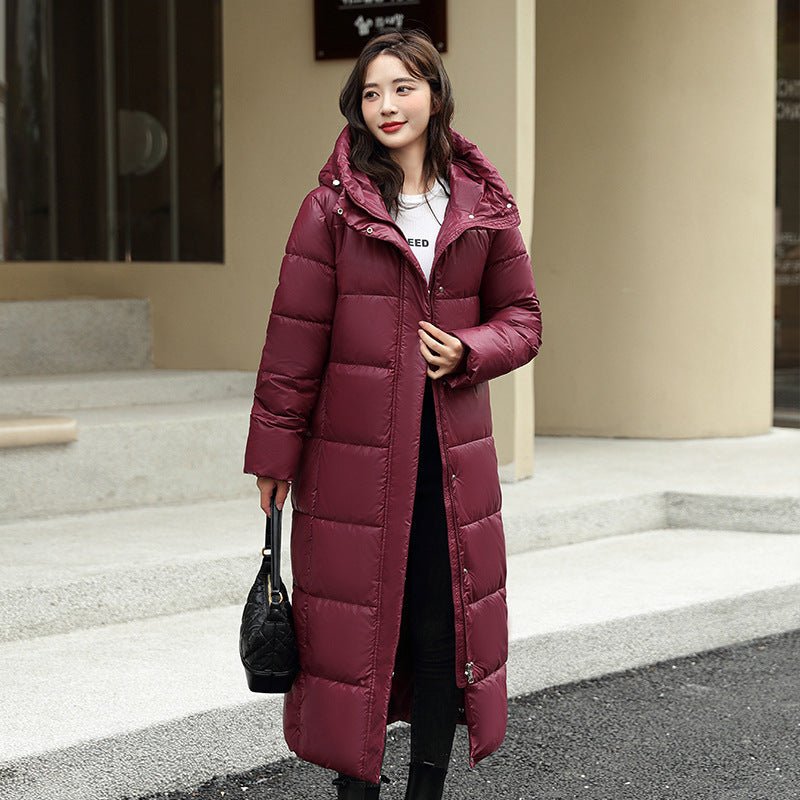 Women's Super Long Down Jacket Winter Puffer Thick Coat Black Red Hooded - AURA