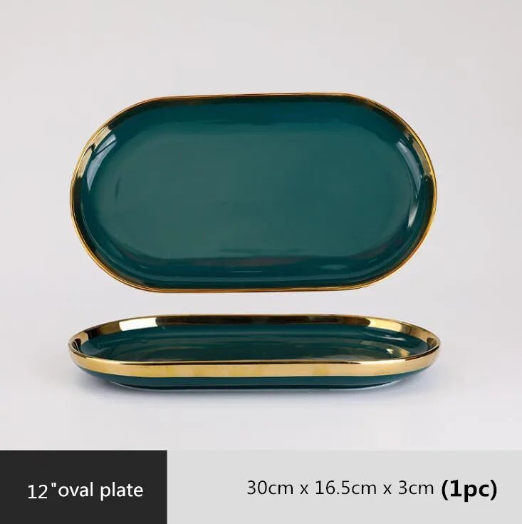Gilt Rim Green Ceramic Plate Plates Bowls Ins Dinner Dish Luxurious Dinnerware - AURA