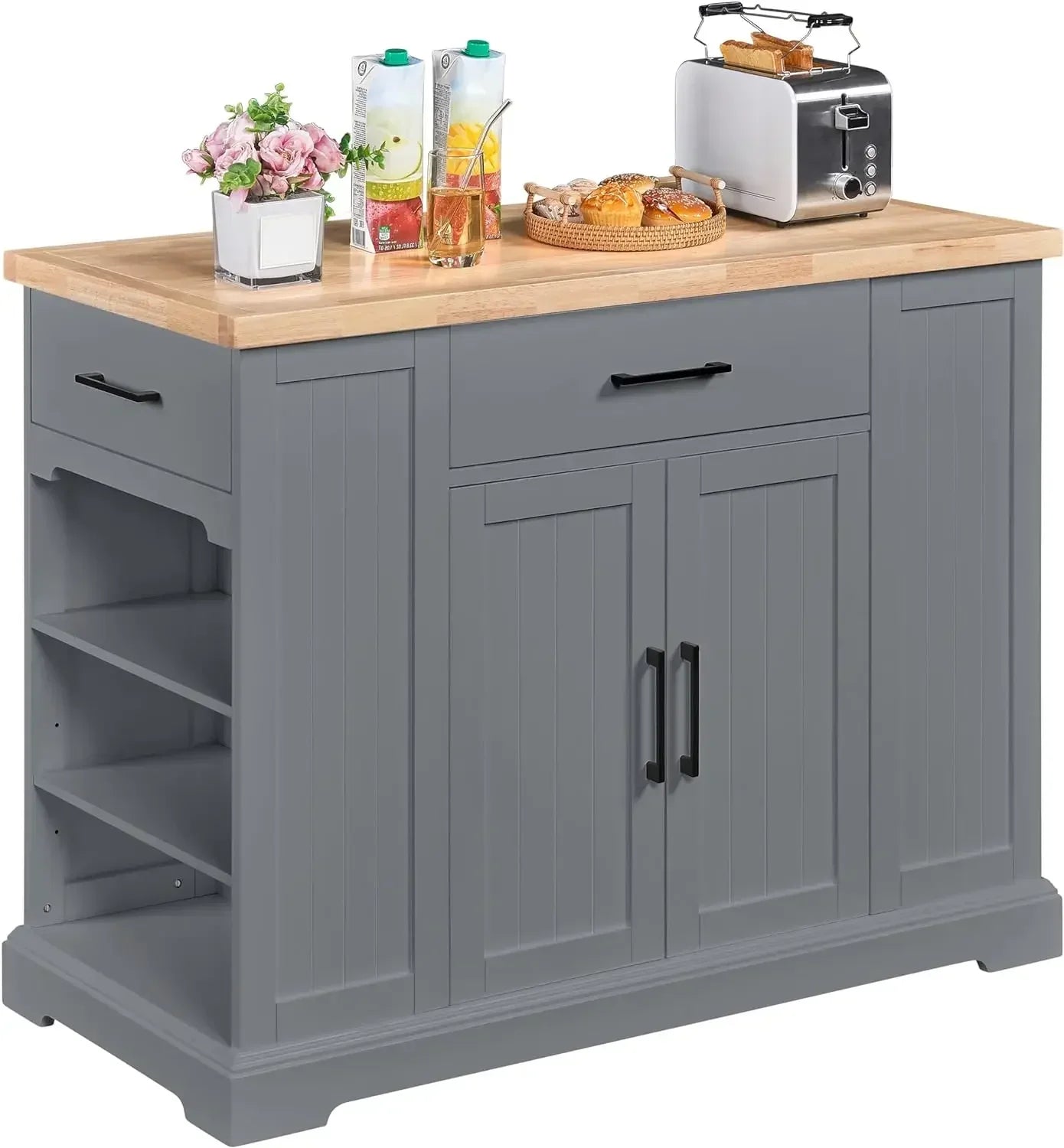 Rolling Kitchen Island Cart with 3 Drawers, Kitchen Storage Cabinet on Wheels with Open Shelves and Inner Adjustable Shelves - AURA