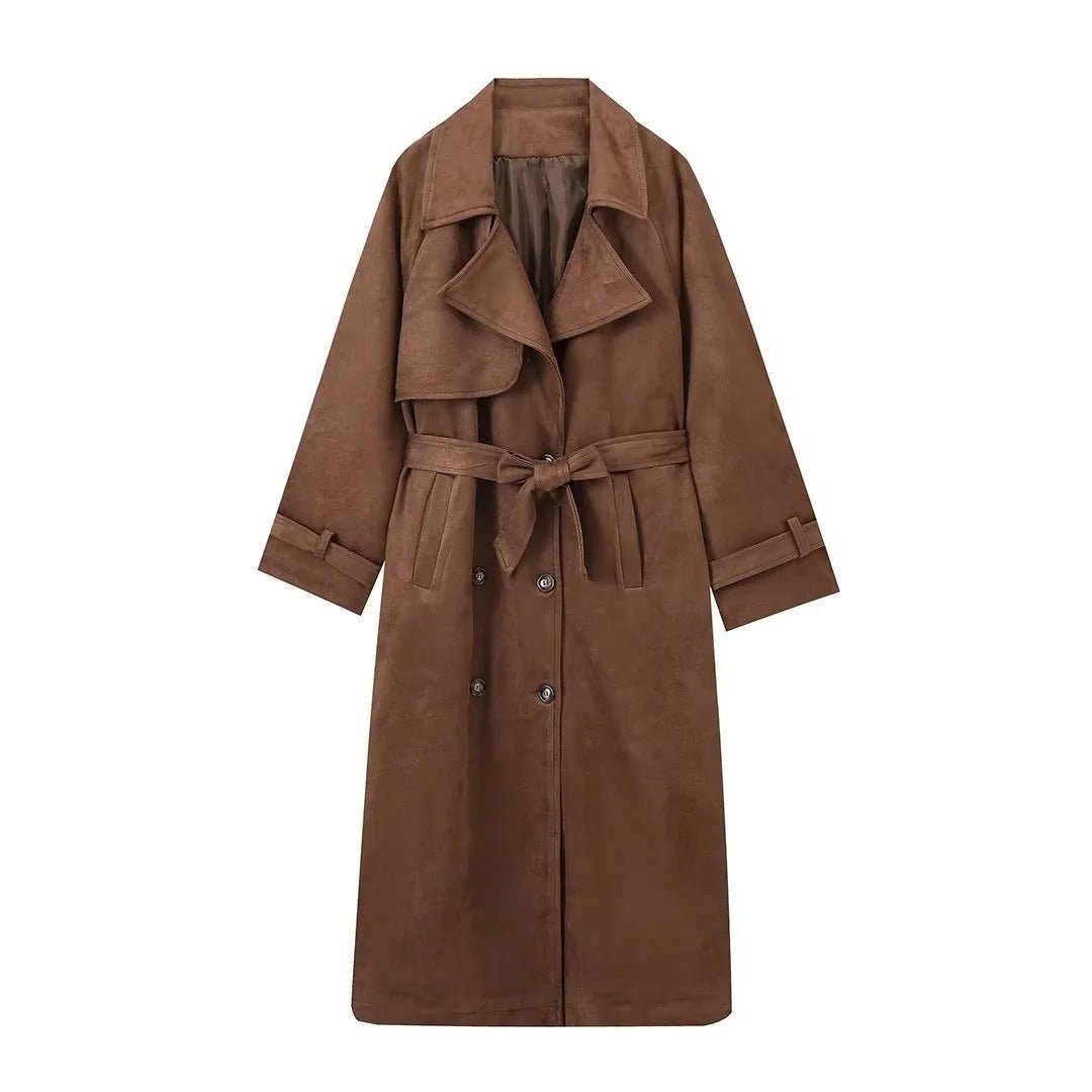 Double Breasted Lapel Shift Coat With Belt Fashion Vintage Suede Long Coat Winter - AURA