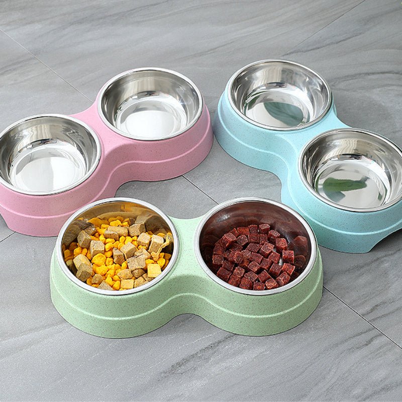 Double Pet Bowls Dog Food Water Feeder Stainless Steel - AURA