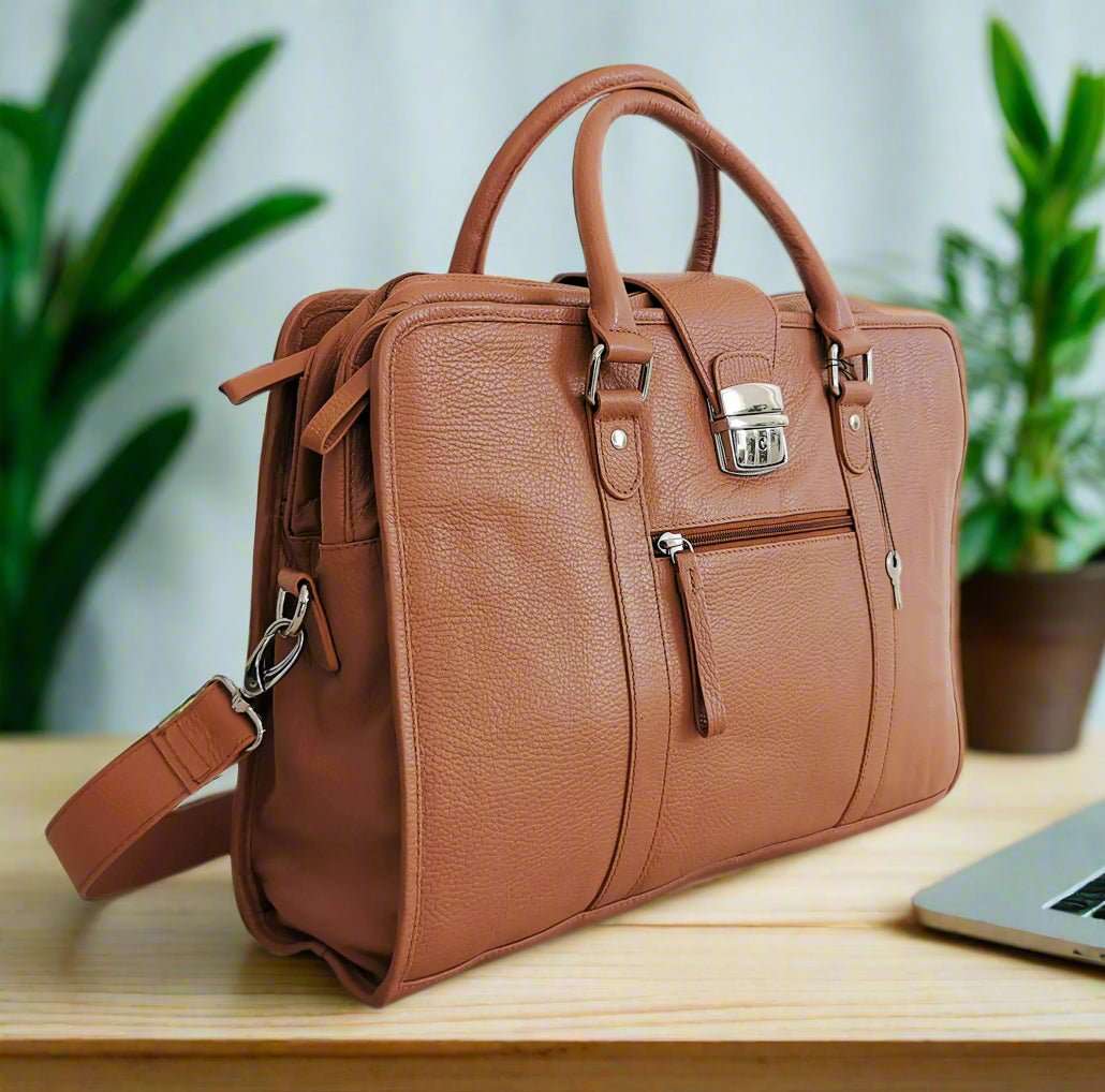 Leather Briefcase, Brown - AURA