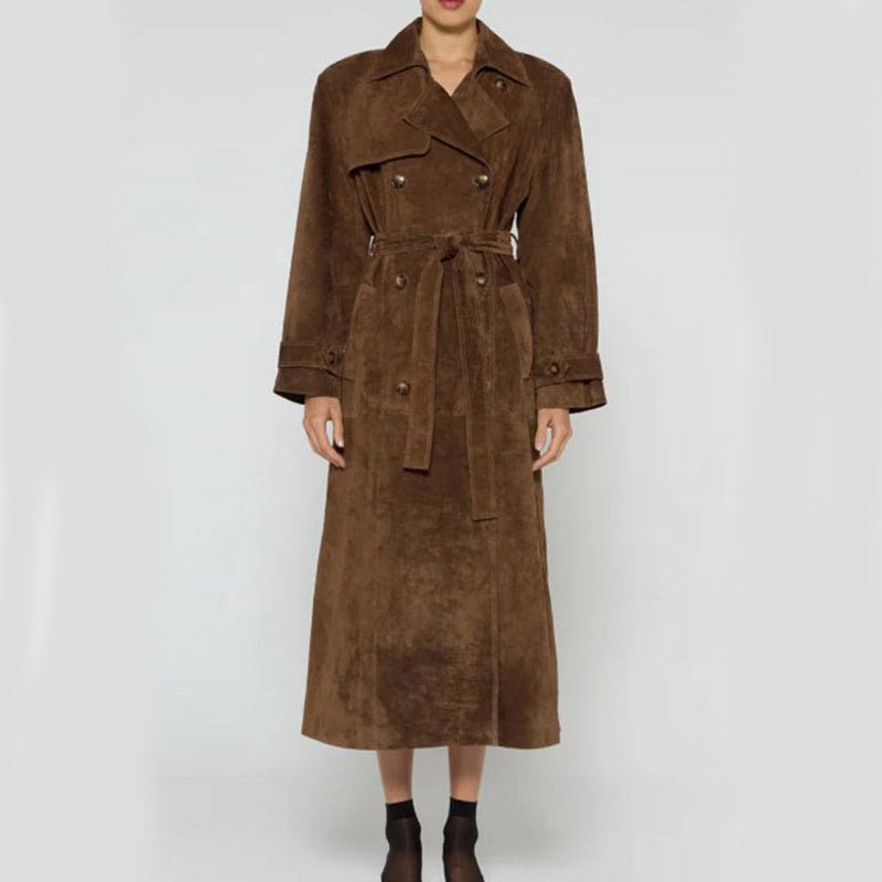 Double Breasted Lapel Shift Coat With Belt Fashion Vintage Suede Long Coat Winter - AURA