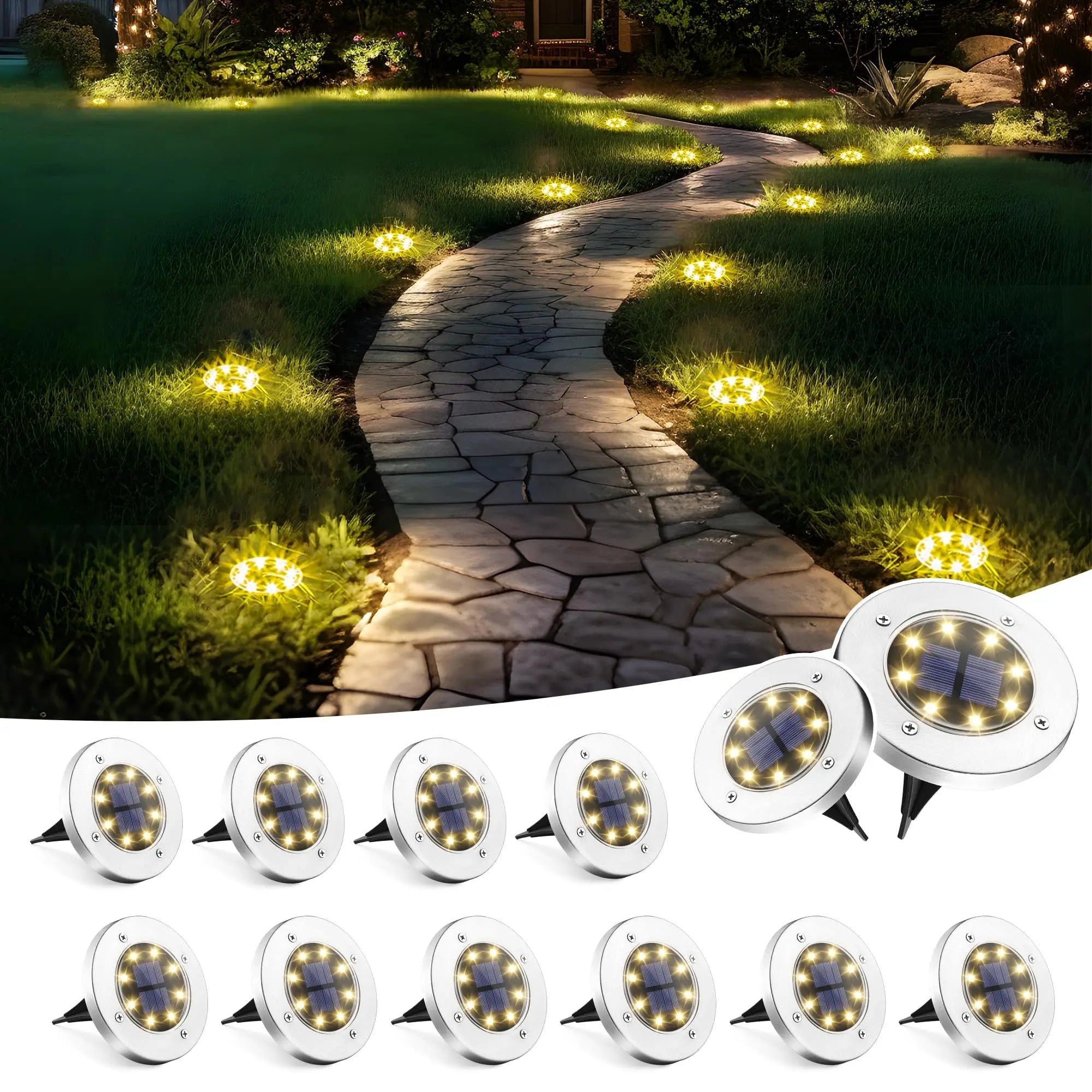 8LED Solar Garden Lights Outdoor Waterproof Sidewalk Disk Bright In - Ground Landscape - AURA
