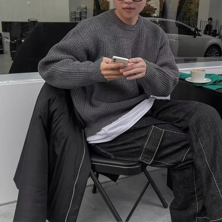 Men's Long Sleeve Casual British Round Neck Pullover Knitted Sweater - AURA