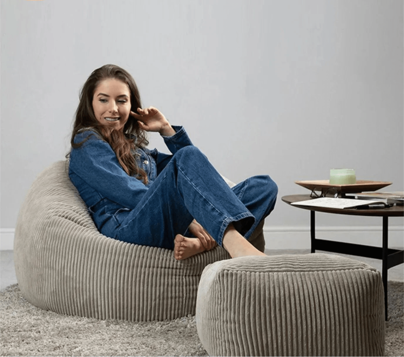 2 - in - 1 Bean Bag Chair & Footstool Cover Set Flannel Corduroy No Filler Beige - AURA