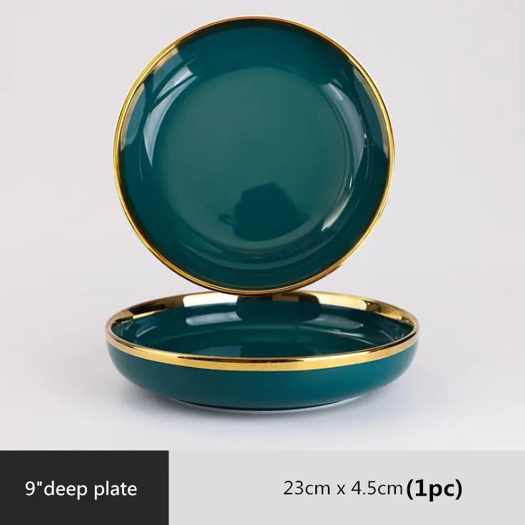Gilt Rim Green Ceramic Plate Plates Bowls Ins Dinner Dish Luxurious Dinnerware - AURA