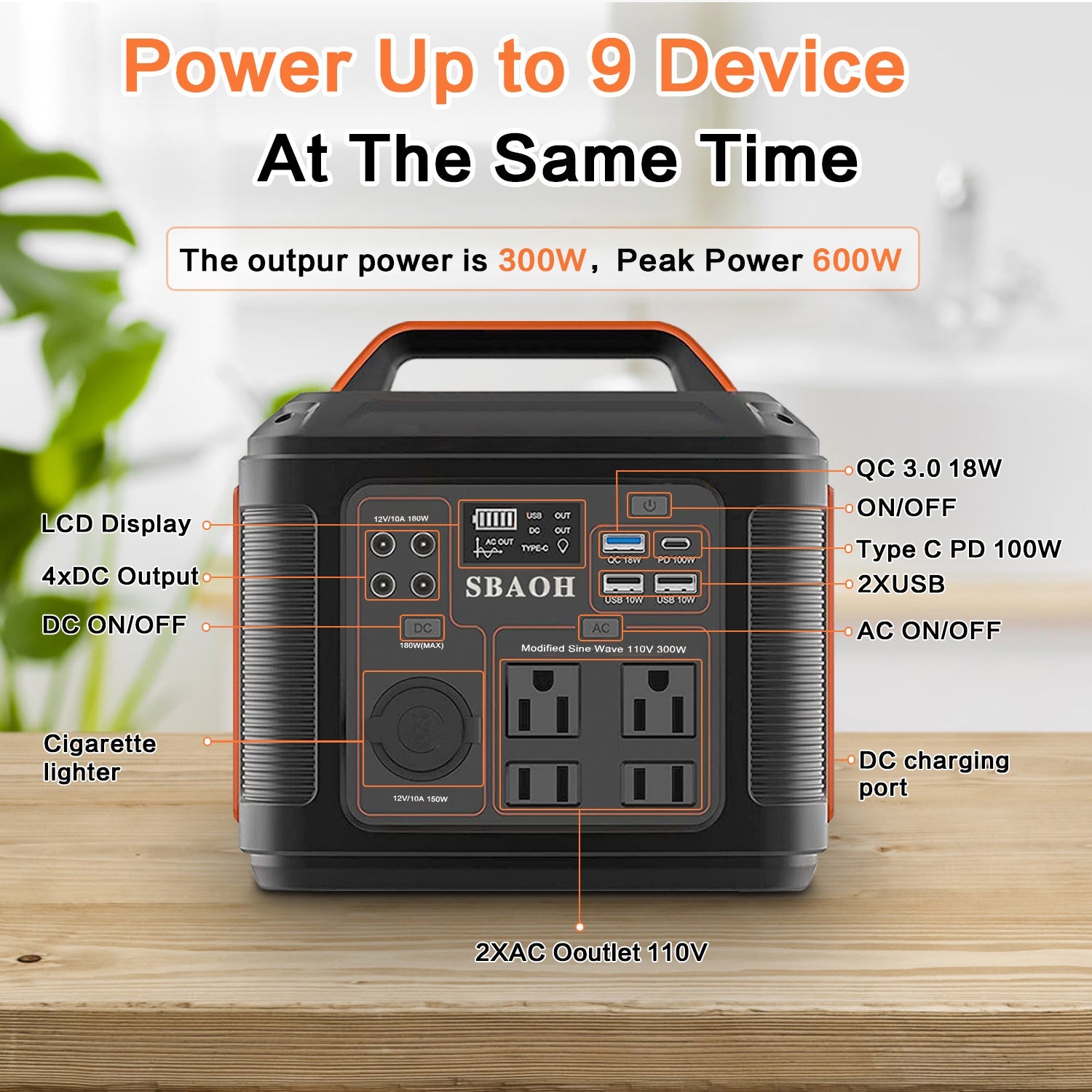 US Plug Portable Power Station P302,300W 296Wh Backup Lithium Battery - AURA