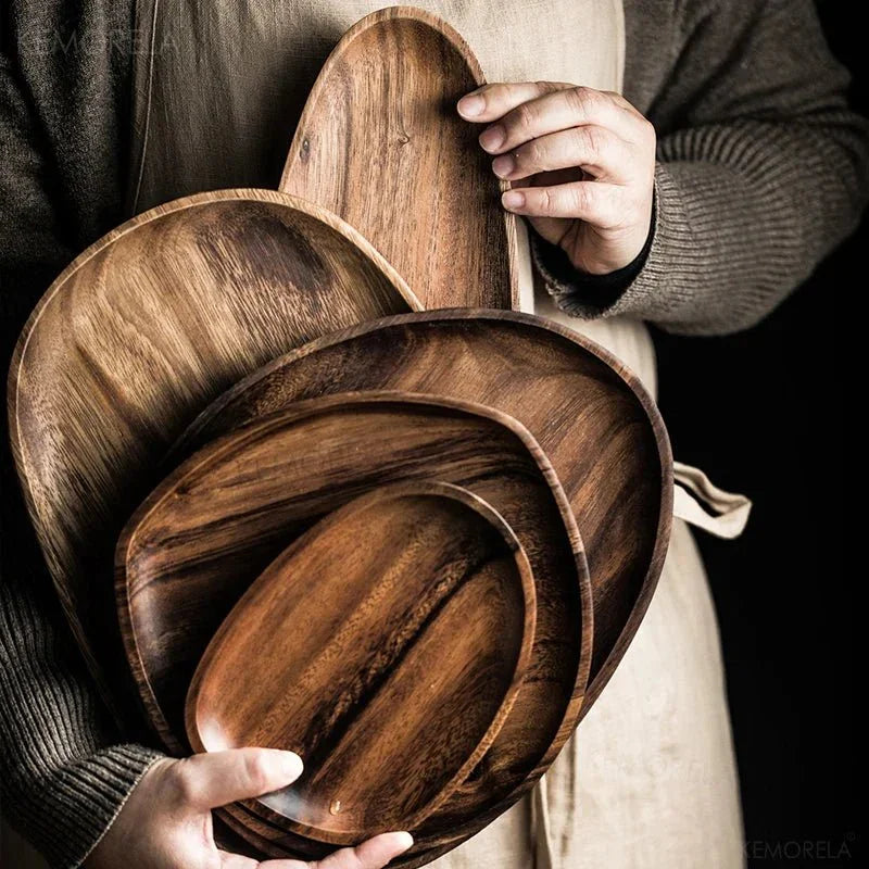 1/5pcs Lovesickness Wood Irregular Oval Solid Wood Dinner Plate Tableware Set - AURA