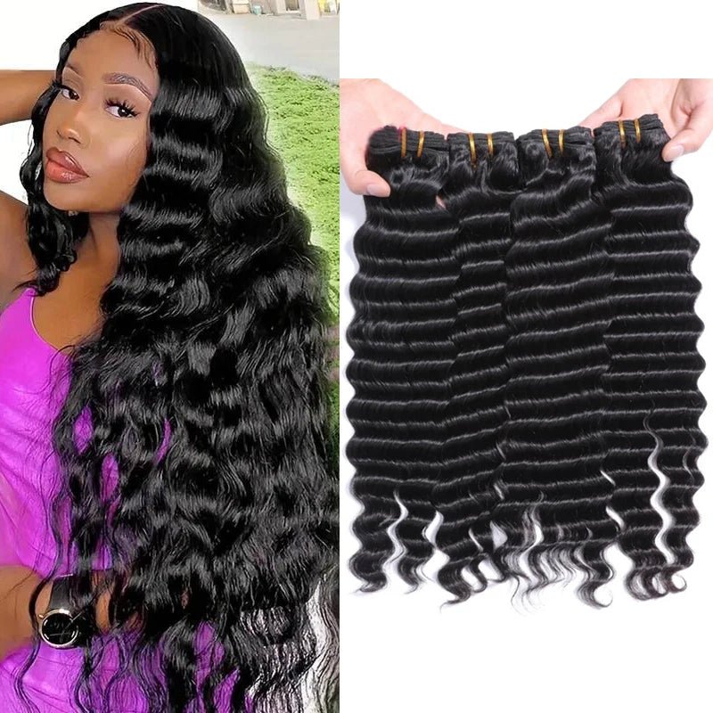 4 Bundles Deep Wave Hair 100% Unprocessed Virgin Hair Extensions For Women Natural Color Can Be Dyed Deep Wave Human Hair Bundle - AURA