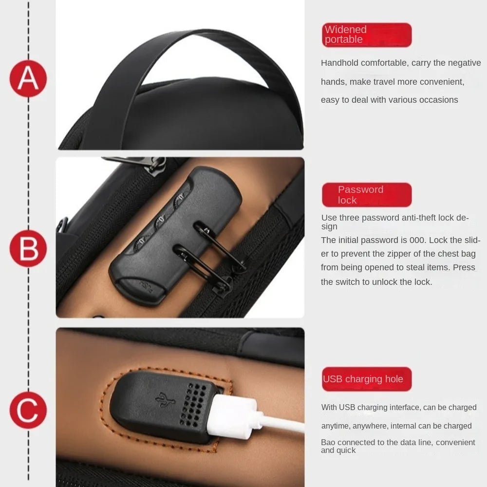 Anti - theft Men's Chest Bag USB Charging Port - AURA