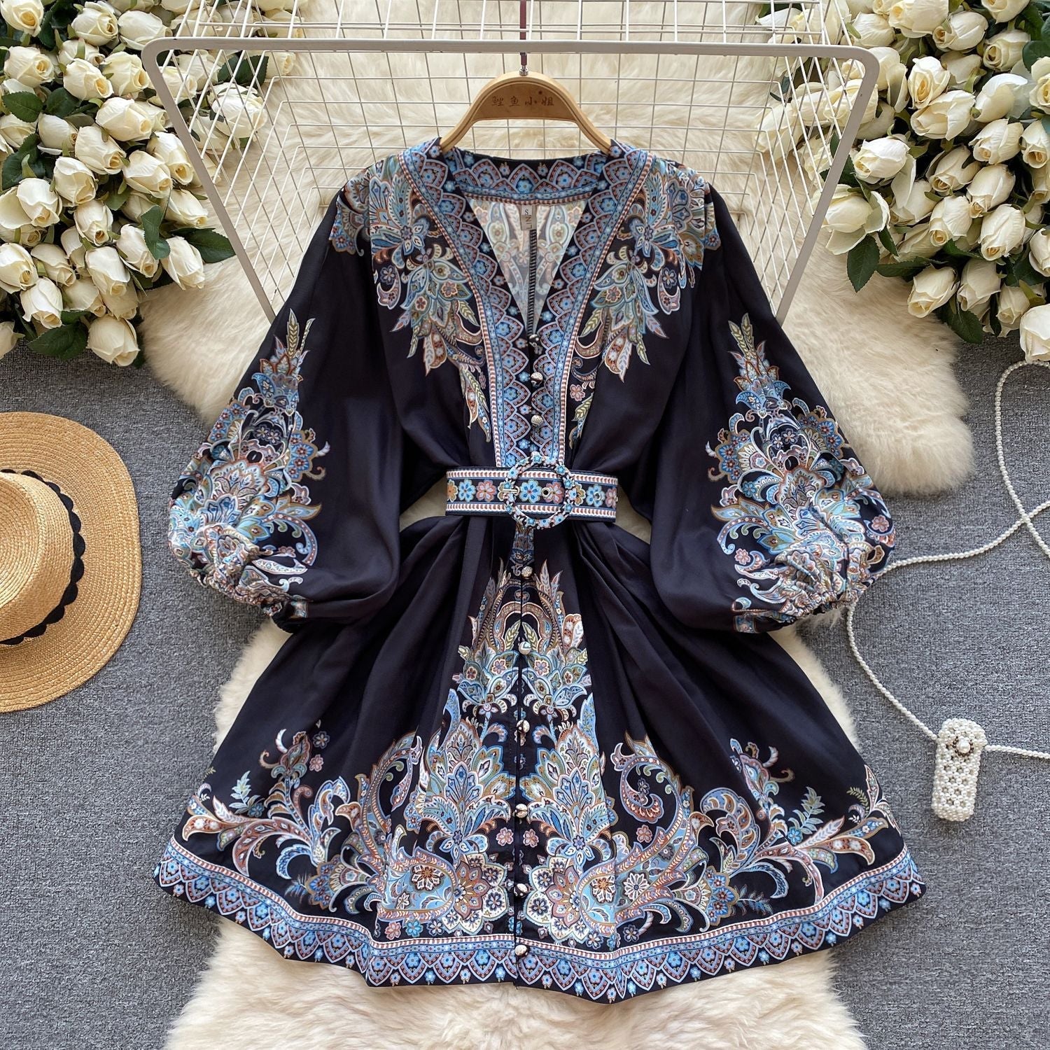 Light Luxury French Royal Style Printing Dress - AURA