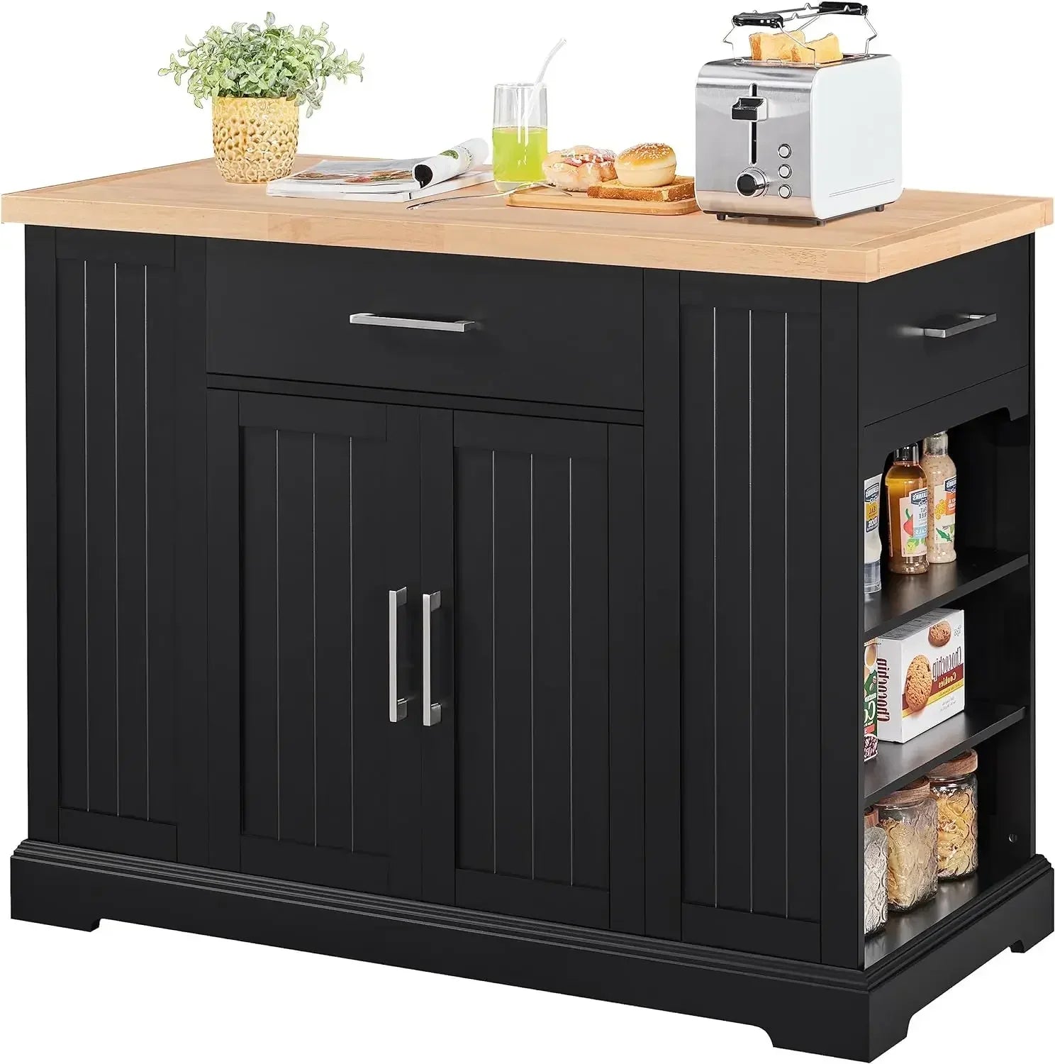 Rolling Kitchen Island Cart with 3 Drawers, Kitchen Storage Cabinet on Wheels with Open Shelves and Inner Adjustable Shelves - AURA