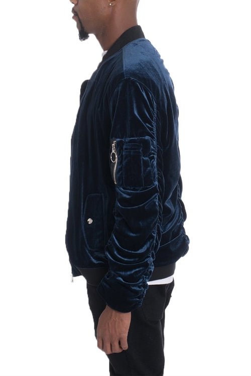Velour Cinch Sleeve Bomber Jacket - AURA