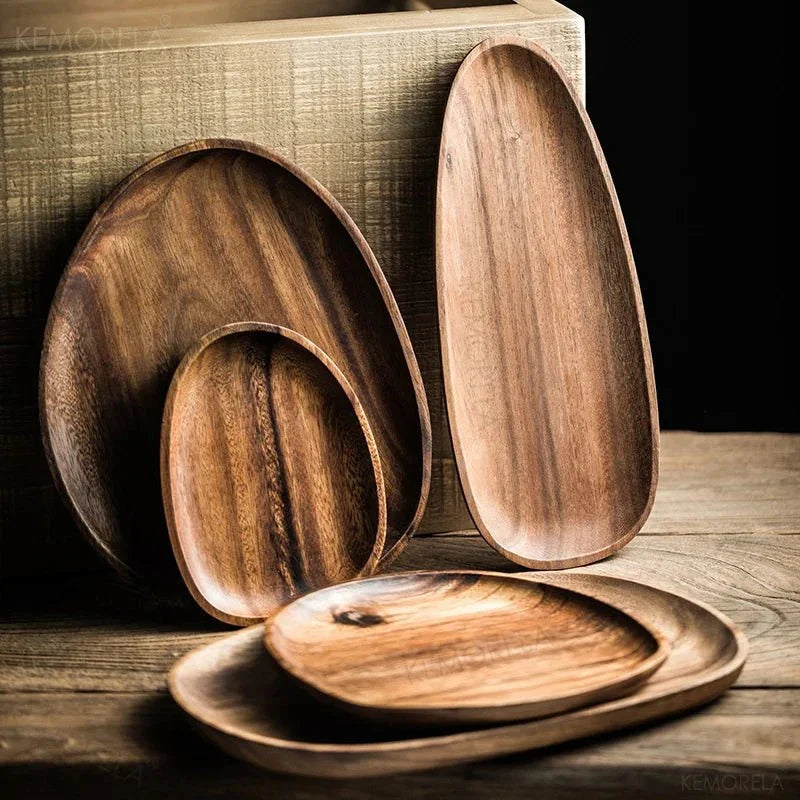 1/5pcs Lovesickness Wood Irregular Oval Solid Wood Dinner Plate Tableware Set - AURA