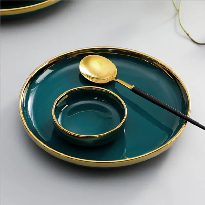 Gilt Rim Green Ceramic Plate Plates Bowls Ins Dinner Dish Luxurious Dinnerware - AURA